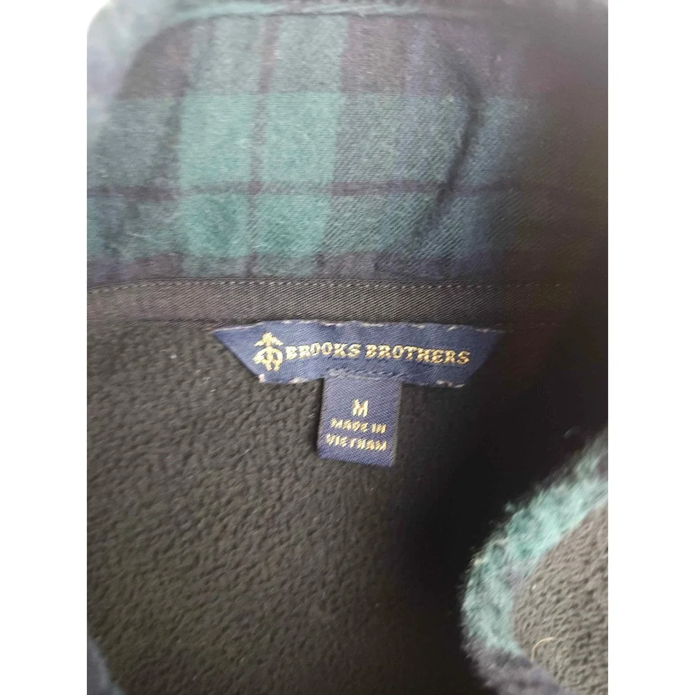 Brooks Brothers Navy Fleece Vest Black Watch Plaid Trim Full Zip Womens Medium